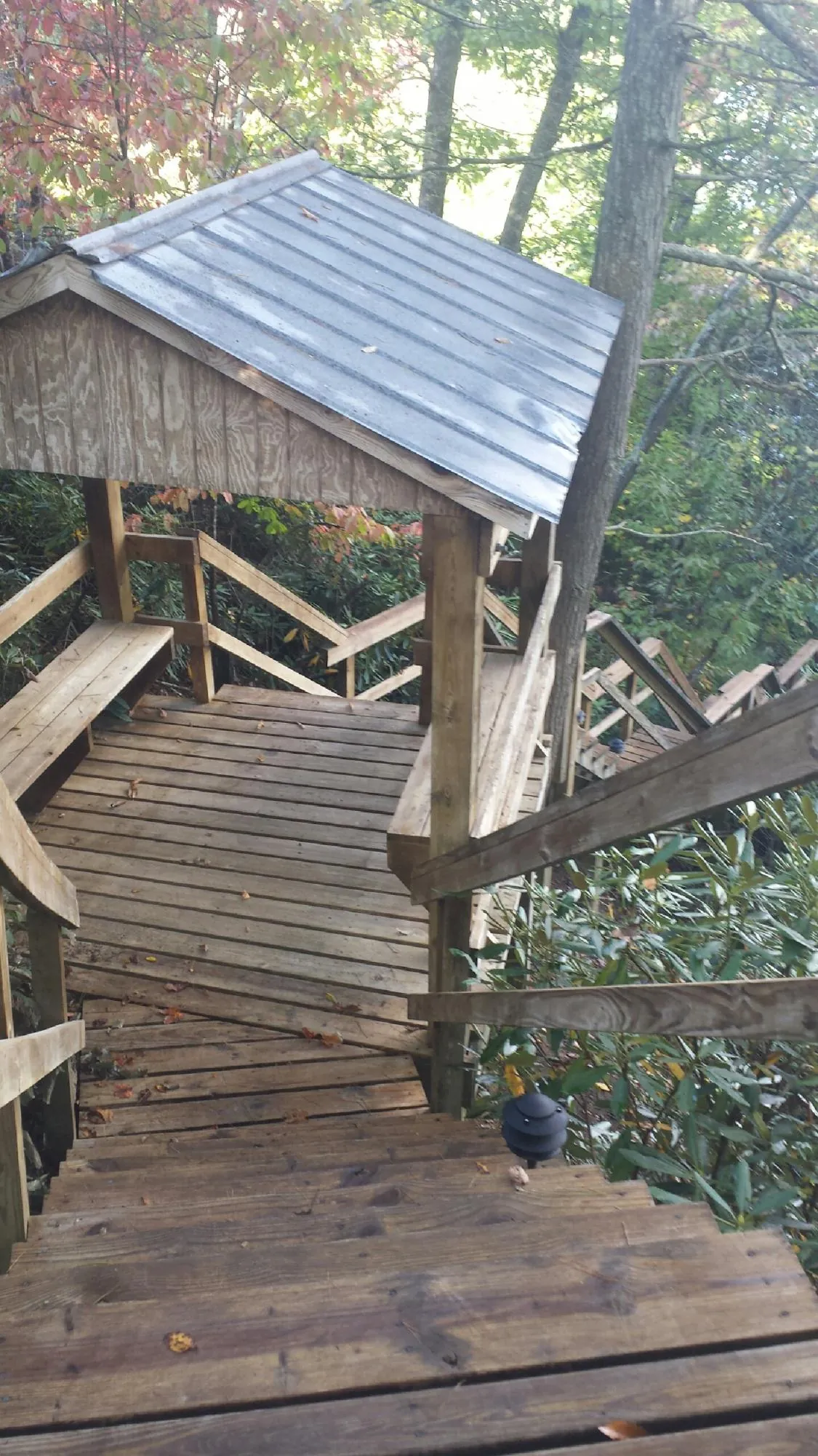 Metal roofed shelter over wooden steps on a wooded walkway — Skylight Repair & Installation work by our crew in Snover